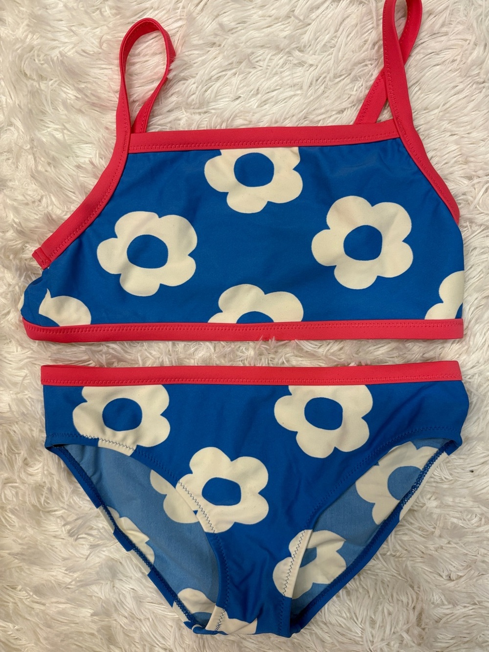 Kids Blue Floral Two-Piece Swimsuit with Pink Trim